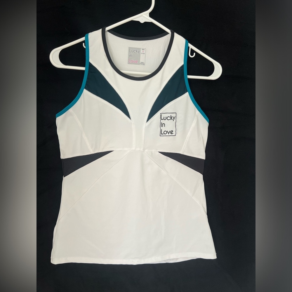 Lucky in Love Women White, Black Tennis Tank Top Racerback with Mesh Size S(4-6)
